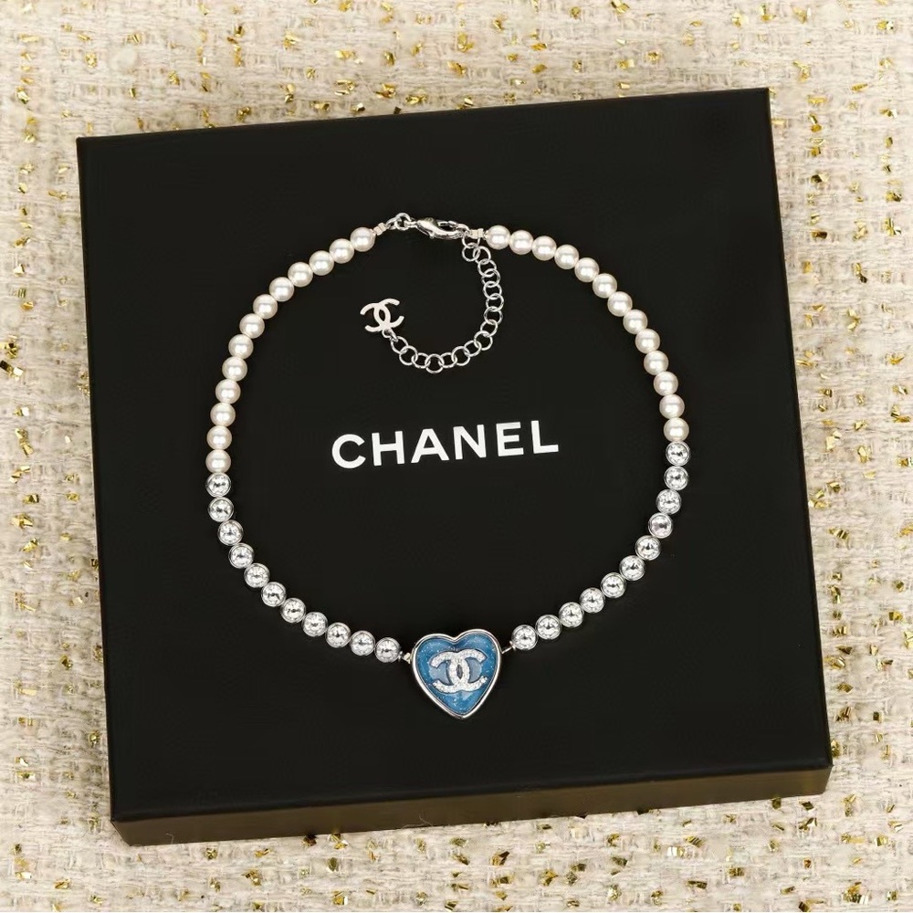 CHANEL Blue and Silver Heart Crystal Necklace